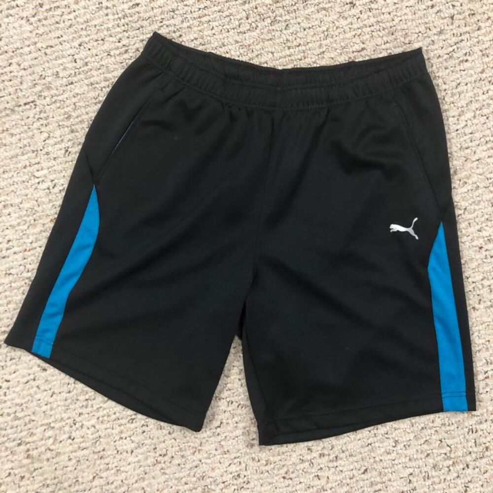Men's Puma Black Blue Elastic Waist Hidden Drawstring Athletic Shorts Sz Medium